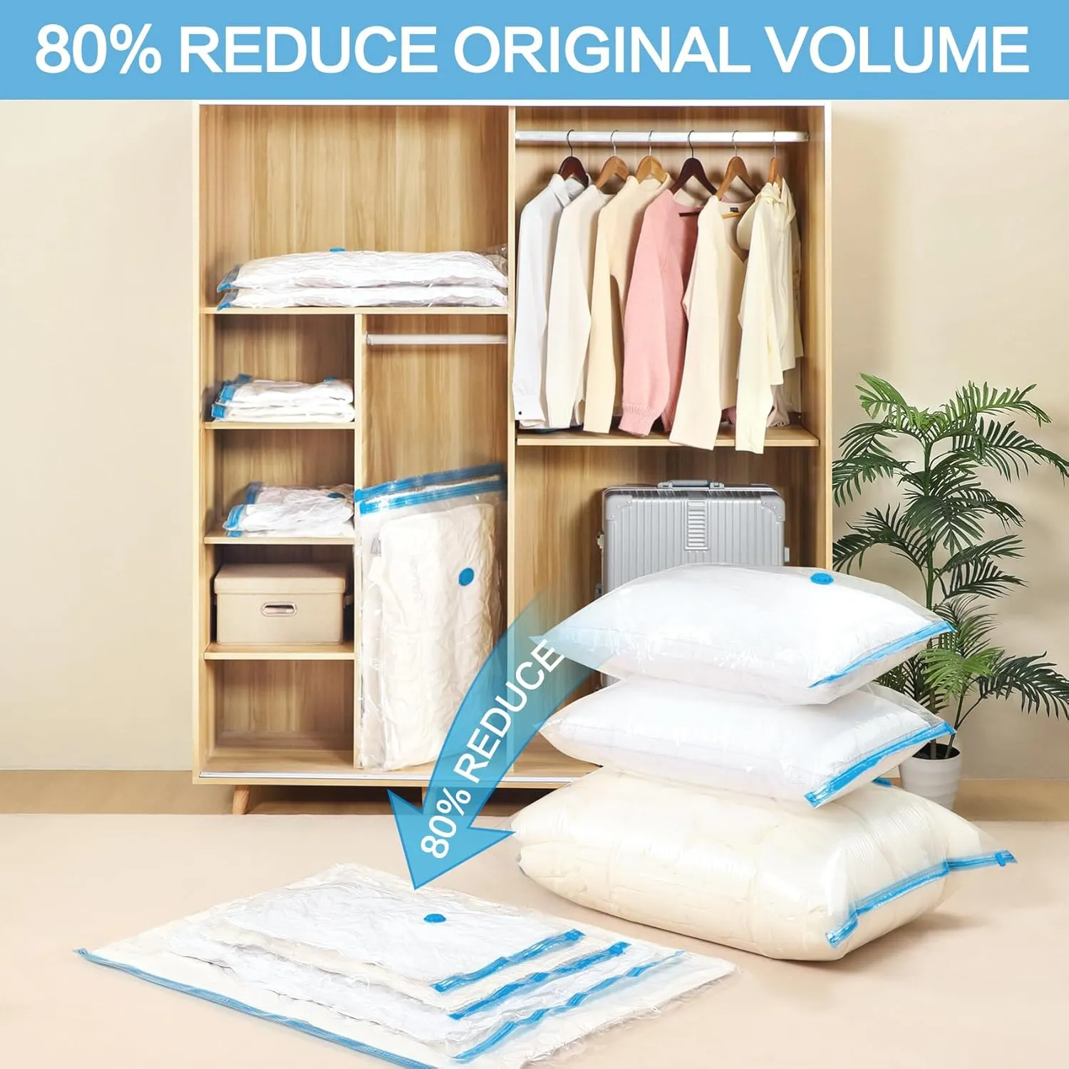 8 Pack Medium Vacuum Storage Bags, Space Saver Vacuum Bags For Travel, Vacuum Seal Bags For Clothing, Clothes, Pillows, Comforters, Blankets, Bedding And Luggage With Hand Pump