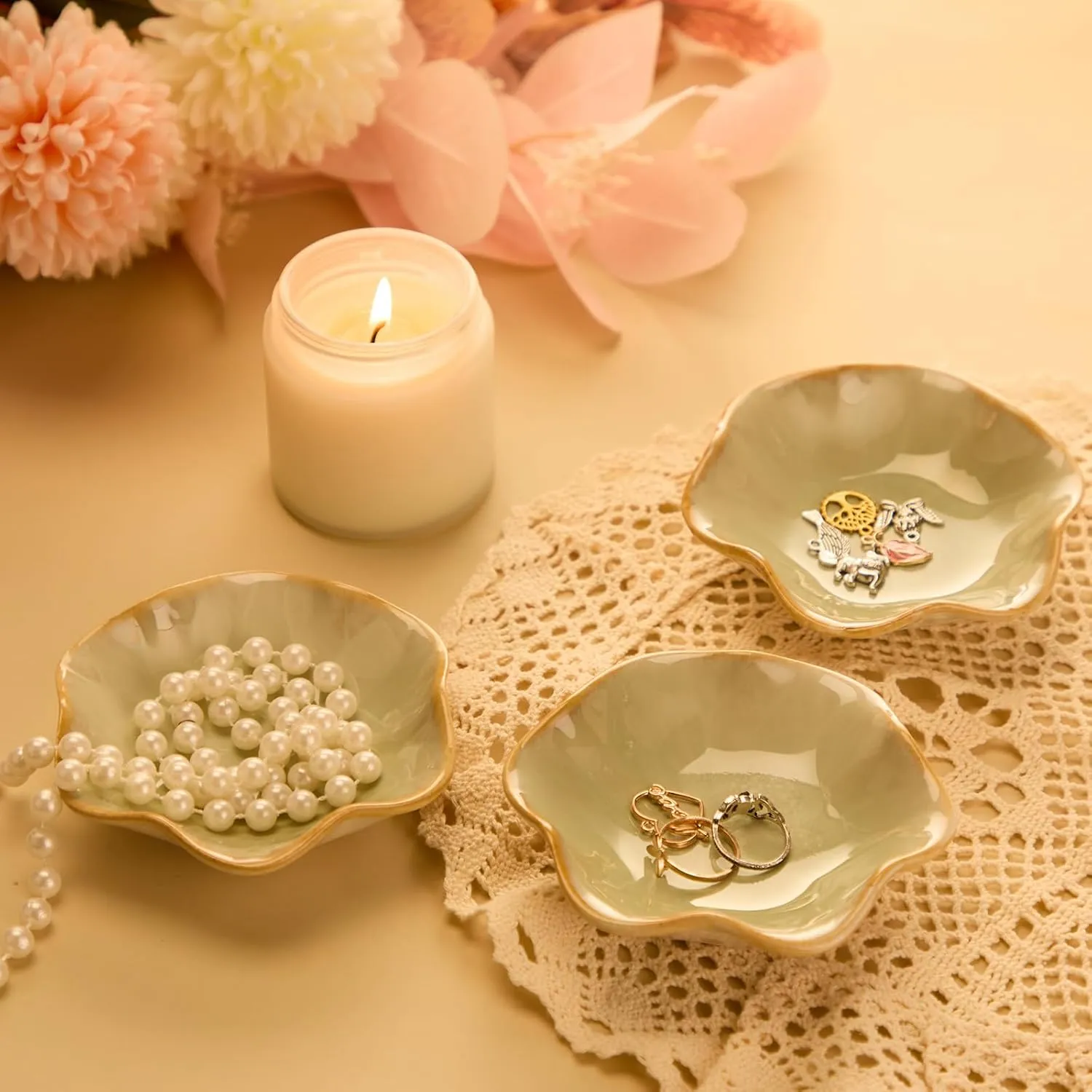 8 Pcs Ceramic Trinket Dish Lotus Leaf Jewelry Tray Small Ring Dish for Earrings, Rings, Jewelry Holder, Key Bowl(Green)