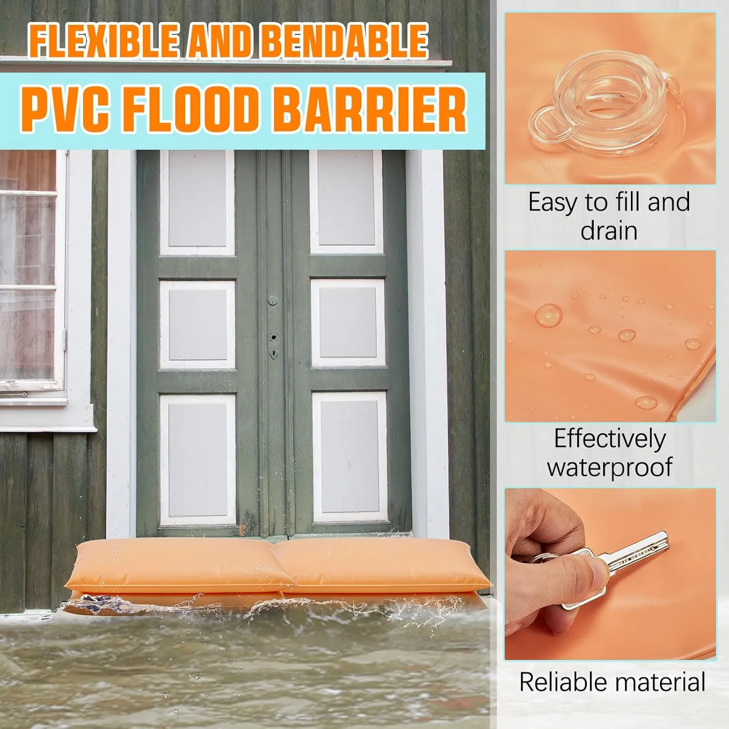 8 Pcs Flood Barriers for Home PVC for Doors Garage Basement Doorway Driveway Water Barrier for Flooding Outdoor Sandbags Alternative Reusable Sandless Sand Bags,2 ft x 1 ft