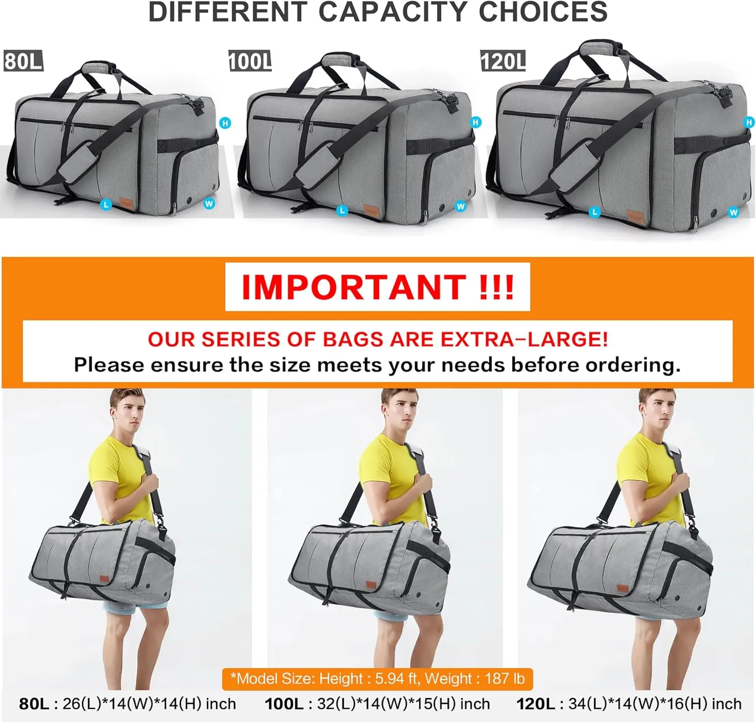 80L Travel Duffle Bag for Men, Large Foldable Duffel Bag for Travel with Shoe Compartment Overnight Weekender Bag Gym Bag for Men Women Waterproof & Tear Resistant (Gray, 80L)