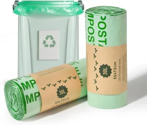 8Gal Biodegradable Compost Bags Recycling Garbage Bags Compostable Bags for Kitchen/garden Extra Thick Trash Bags with US BPI ASTM D6400 and Europe EN13432 Certified, 50 Count, 30L