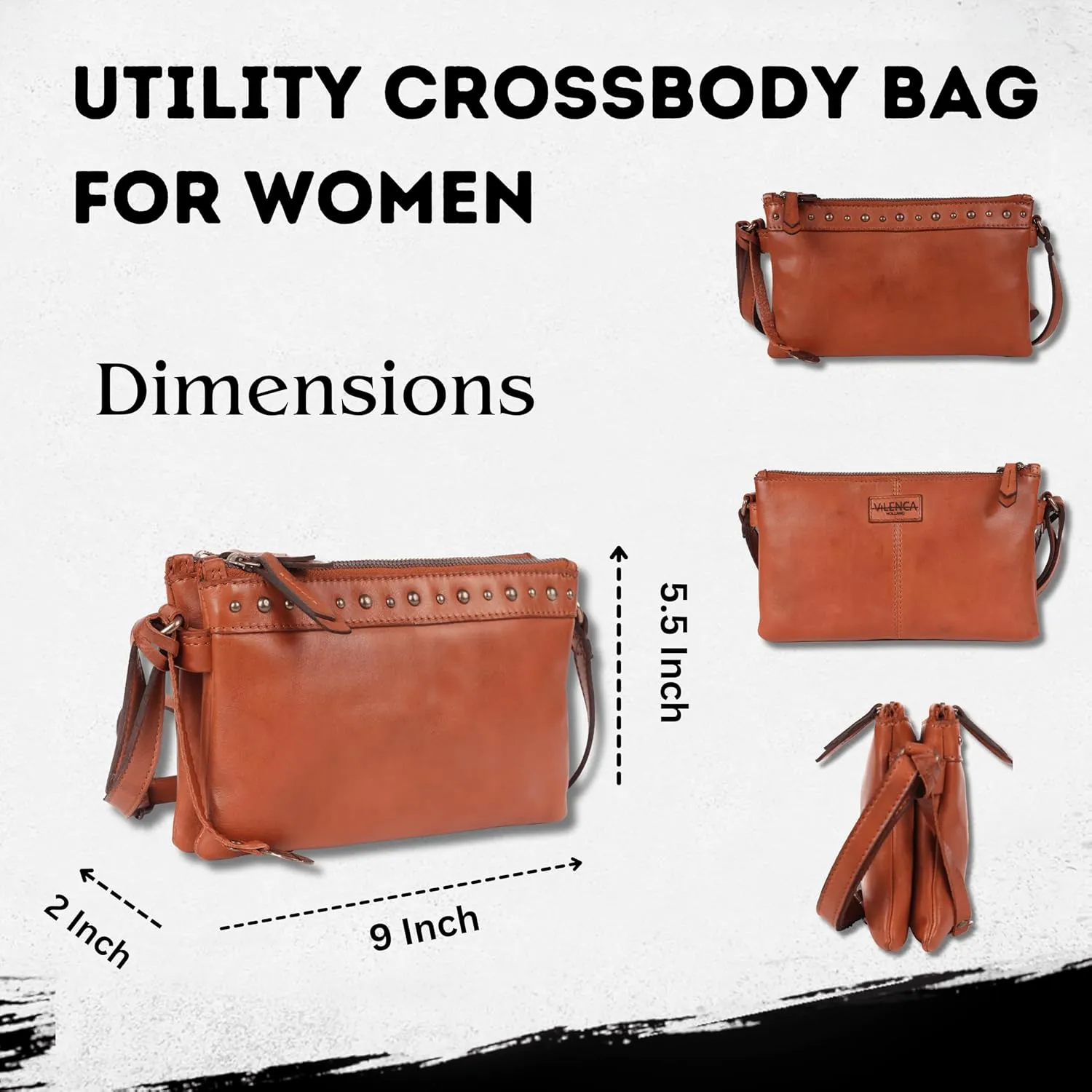 9 inch Women's Genuine Italian Leather Boho Studded Crossbody Sling Bag – Premium Quality, Stylish