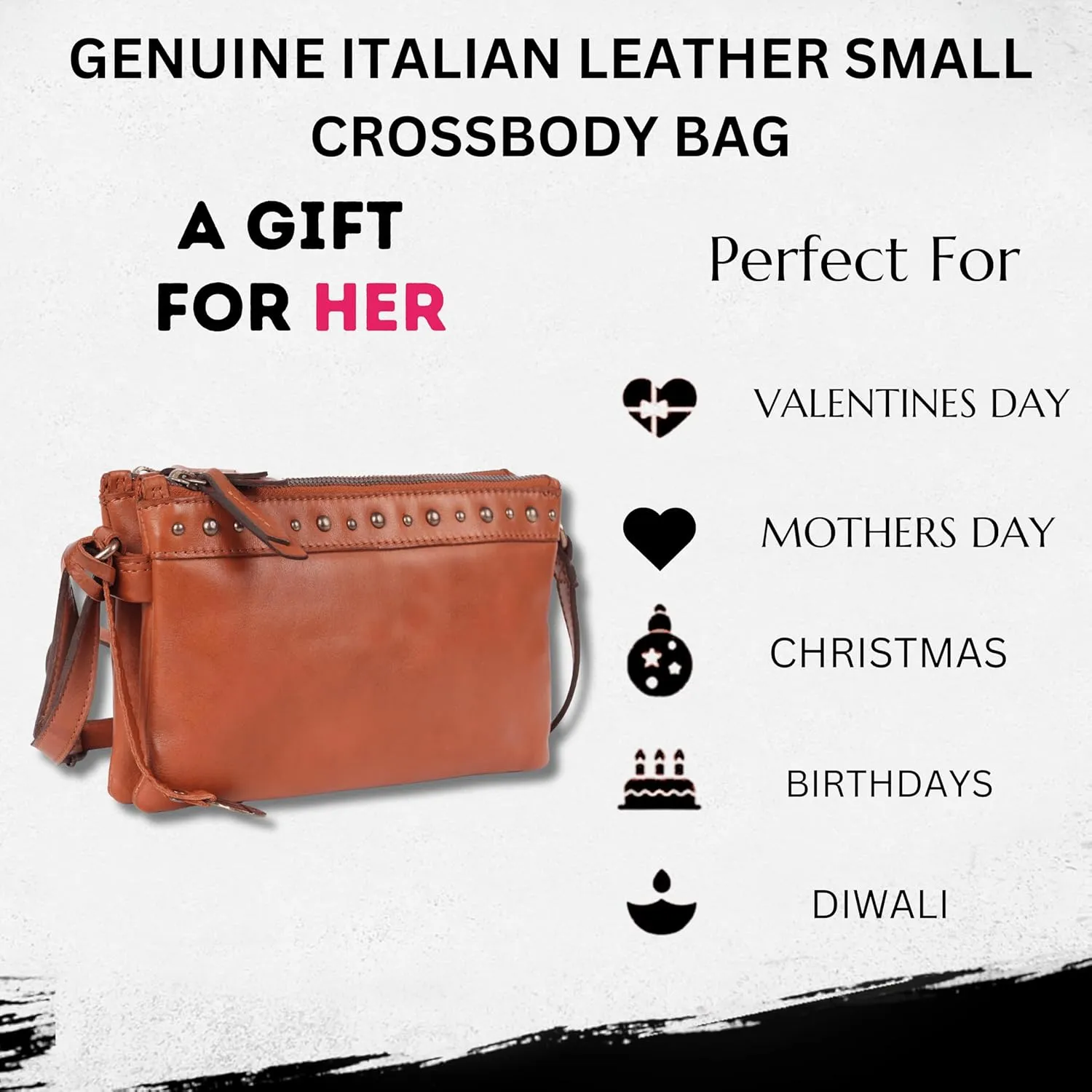 9 inch Women's Genuine Italian Leather Boho Studded Crossbody Sling Bag – Premium Quality, Stylish