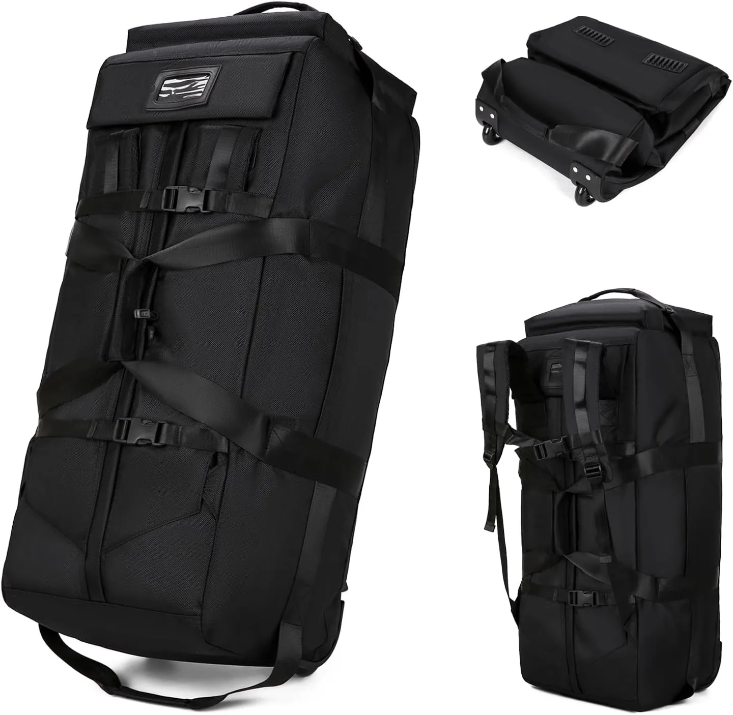 90L Large Rolling Duffle Bag With Wheels, Travel Tactical Backpack For Men 2 in 1, Expandable Travel Bag, Waterproof Large Gym Bag, Travel Backpack For Men Women, Hiden Straps (Black)