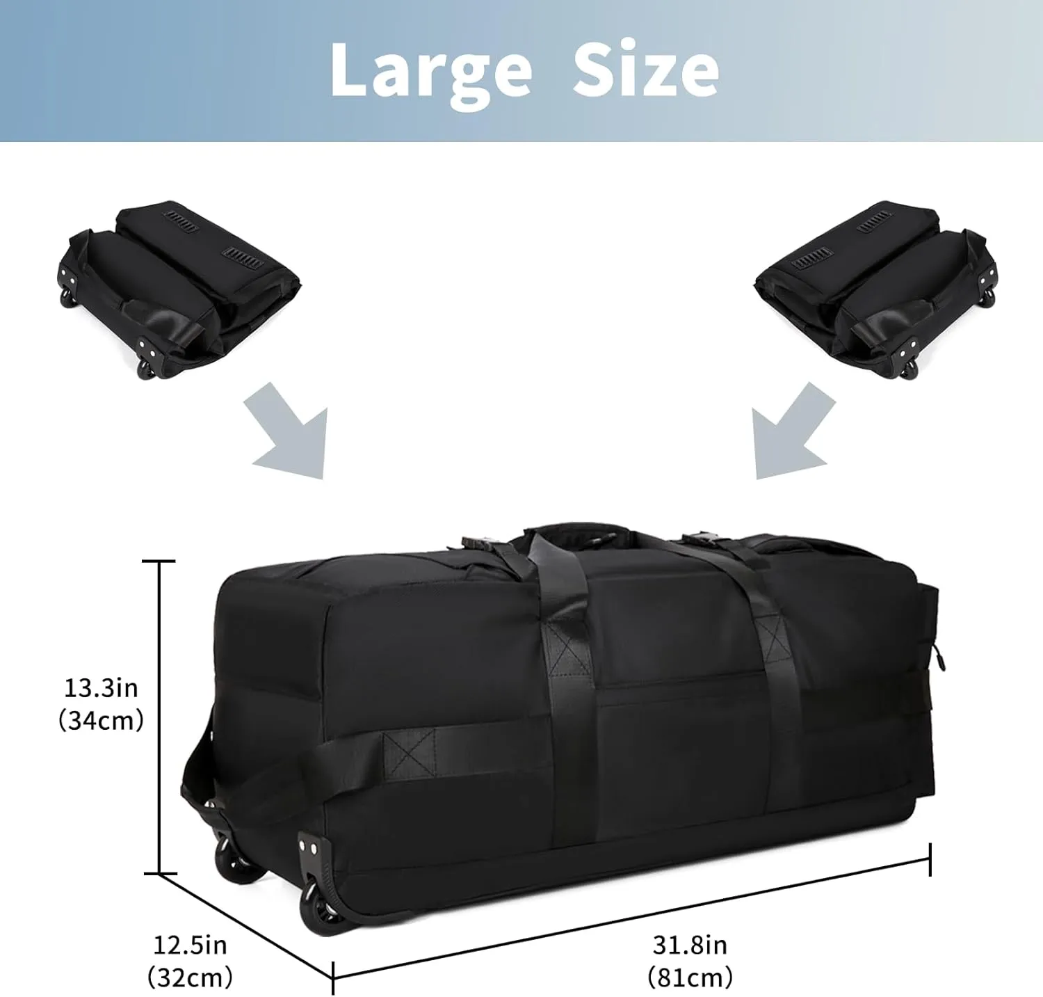 90L Large Rolling Duffle Bag With Wheels, Travel Tactical Backpack For Men 2 in 1, Expandable Travel Bag, Waterproof Large Gym Bag, Travel Backpack For Men Women, Hiden Straps (Black)