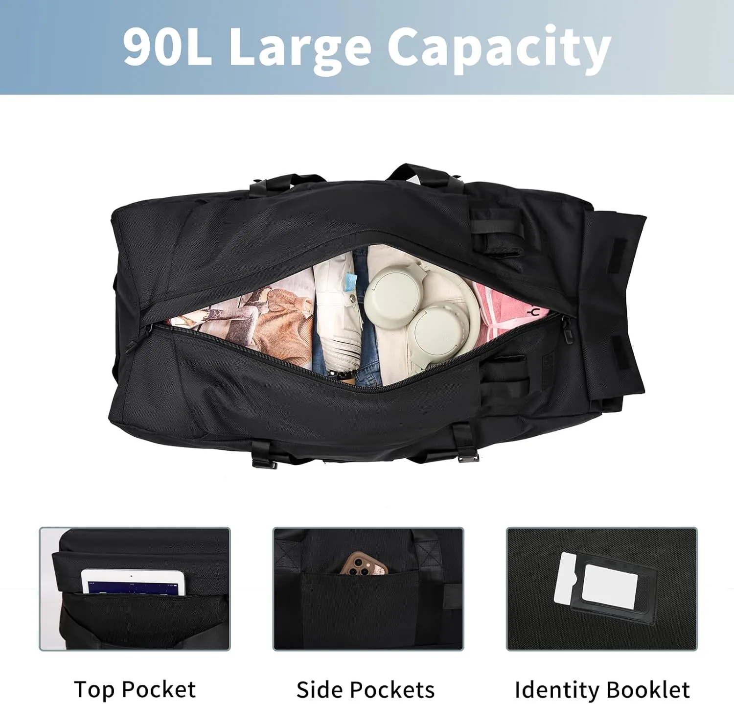 90L Large Rolling Duffle Bag With Wheels, Travel Tactical Backpack For Men 2 in 1, Expandable Travel Bag, Waterproof Large Gym Bag, Travel Backpack For Men Women, Hiden Straps (Black)