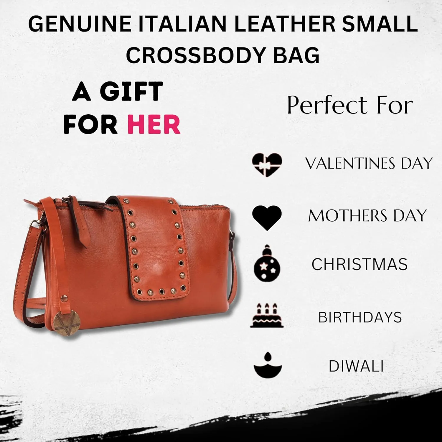 9.5 inch Genuine Italian Leather Boho Studded Crossbody Sling Bag - Stylish, Durable, & Perfect for Everyday Use for women