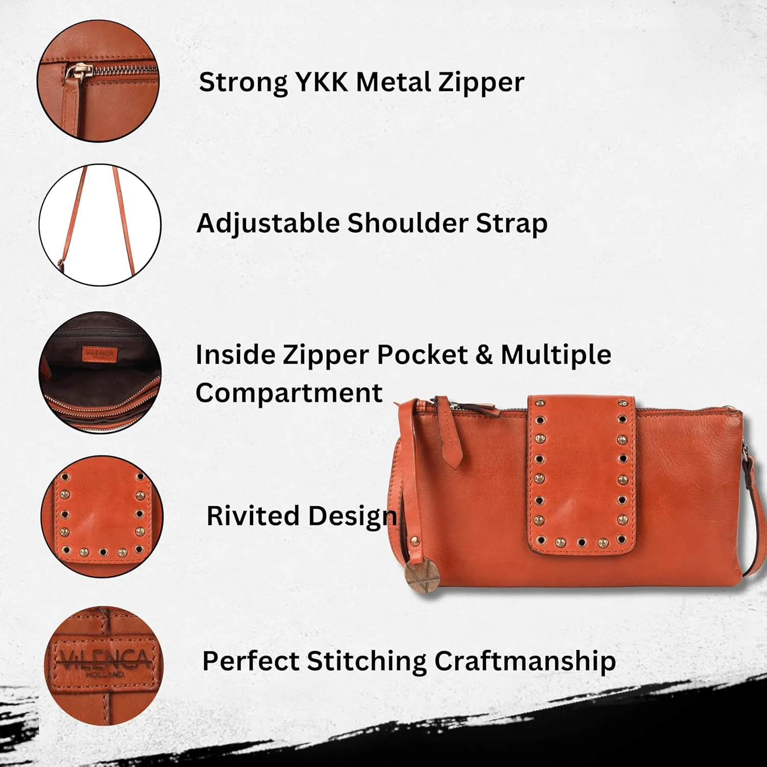 9.5 inch Genuine Italian Leather Boho Studded Crossbody Sling Bag - Stylish, Durable, & Perfect for Everyday Use for women