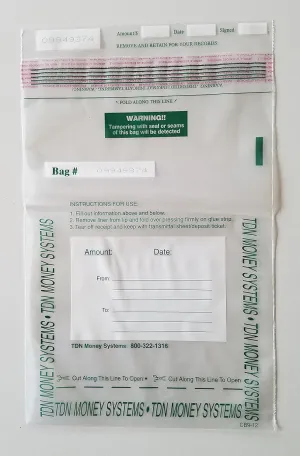 9" x 12" x 2.5 mil Tamper-Evident Cash Deposit Bag with Sequential Numbering and Tear-Off Receipt (1,000/case)
