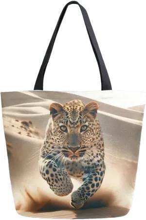 A Leopard in The Desert is Rushing Towards The Camera Canvas Tote Bag for Women Travel Work Shopping Grocery Top Handle Purses Large Totes Reusable Handbags Cotton Shoulder Bags