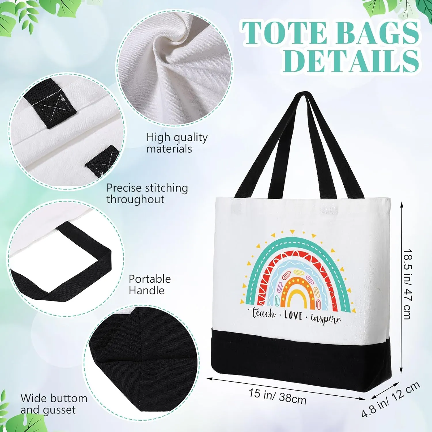 Abbylike 12 Pcs Teacher Appreciation Tote Bags Bulk Thank You Tote Bags End of Year Gifts Rainbow Appreciation Gift Bulk Inspirational Canva Handbag for Teacher Coworker Employee