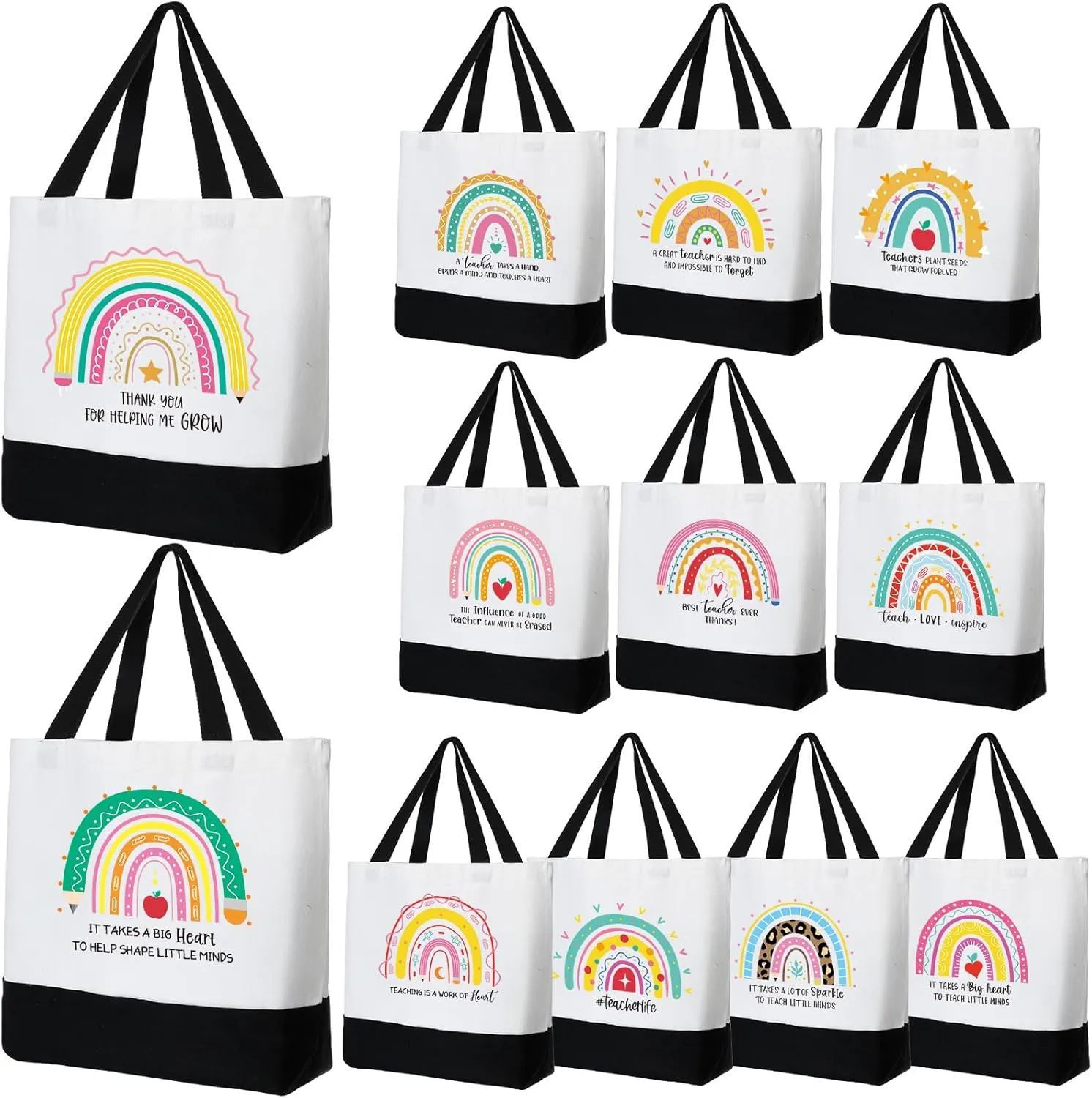 Abbylike 12 Pcs Teacher Appreciation Tote Bags Bulk Thank You Tote Bags End of Year Gifts Rainbow Appreciation Gift Bulk Inspirational Canva Handbag for Teacher Coworker Employee