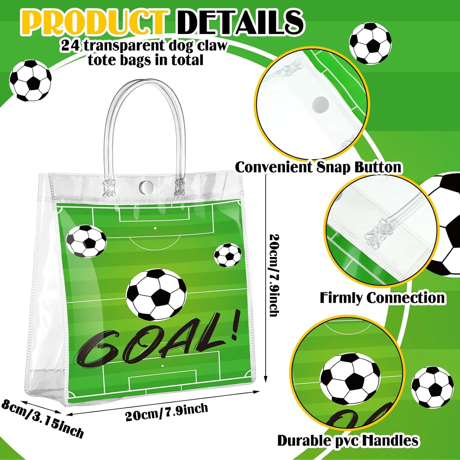Abbylike 24 Pack Clear Soccer Gift Bag with Handles Soccer Goodie Bag Plastic Reusable Clear PVC Container for Shopping Sports Theme Game Birthday Party Decorations 7.8 x 7.8 x 3.1 Inch