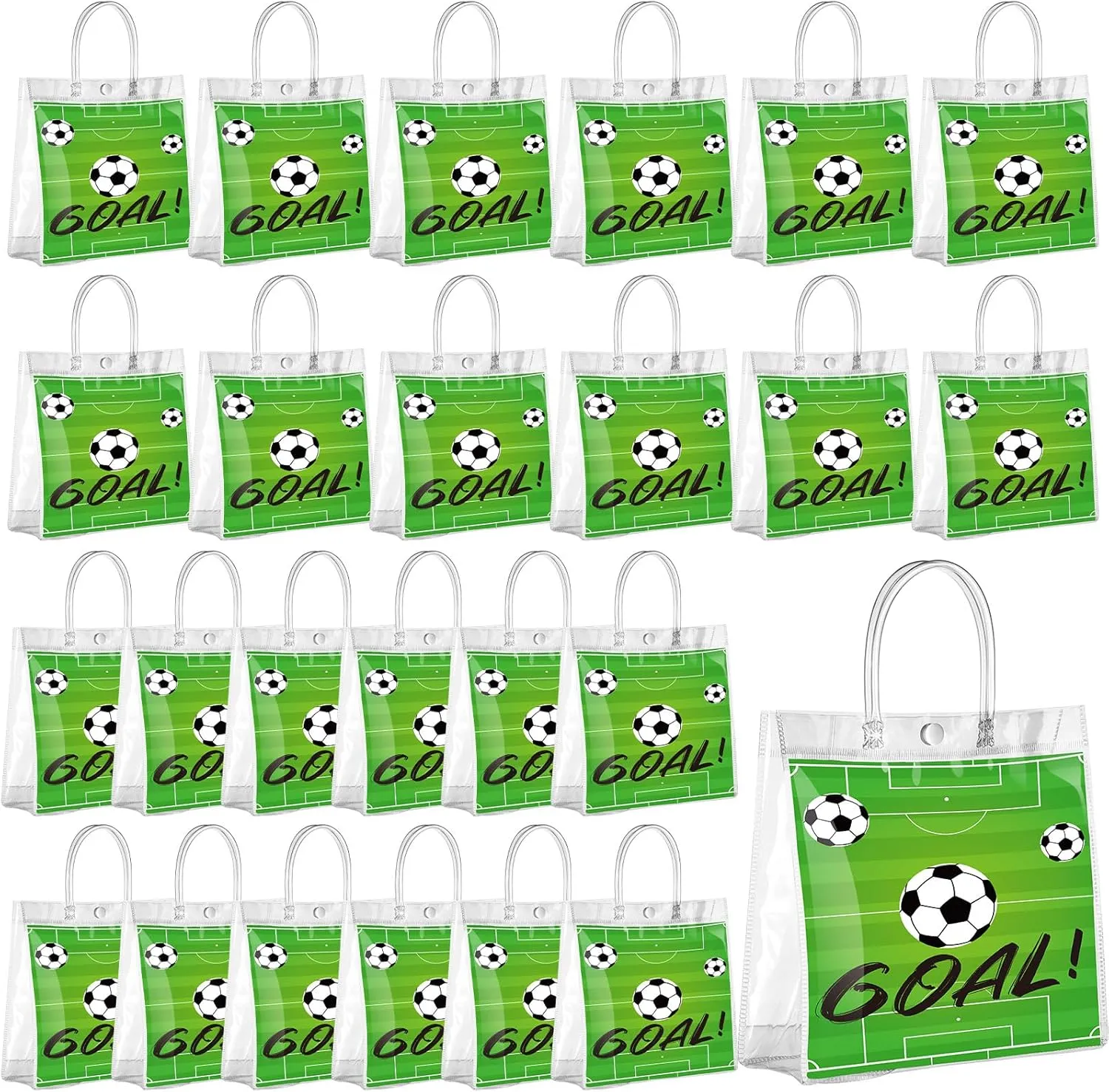 Abbylike 24 Pack Clear Soccer Gift Bag with Handles Soccer Goodie Bag Plastic Reusable Clear PVC Container for Shopping Sports Theme Game Birthday Party Decorations 7.8 x 7.8 x 3.1 Inch