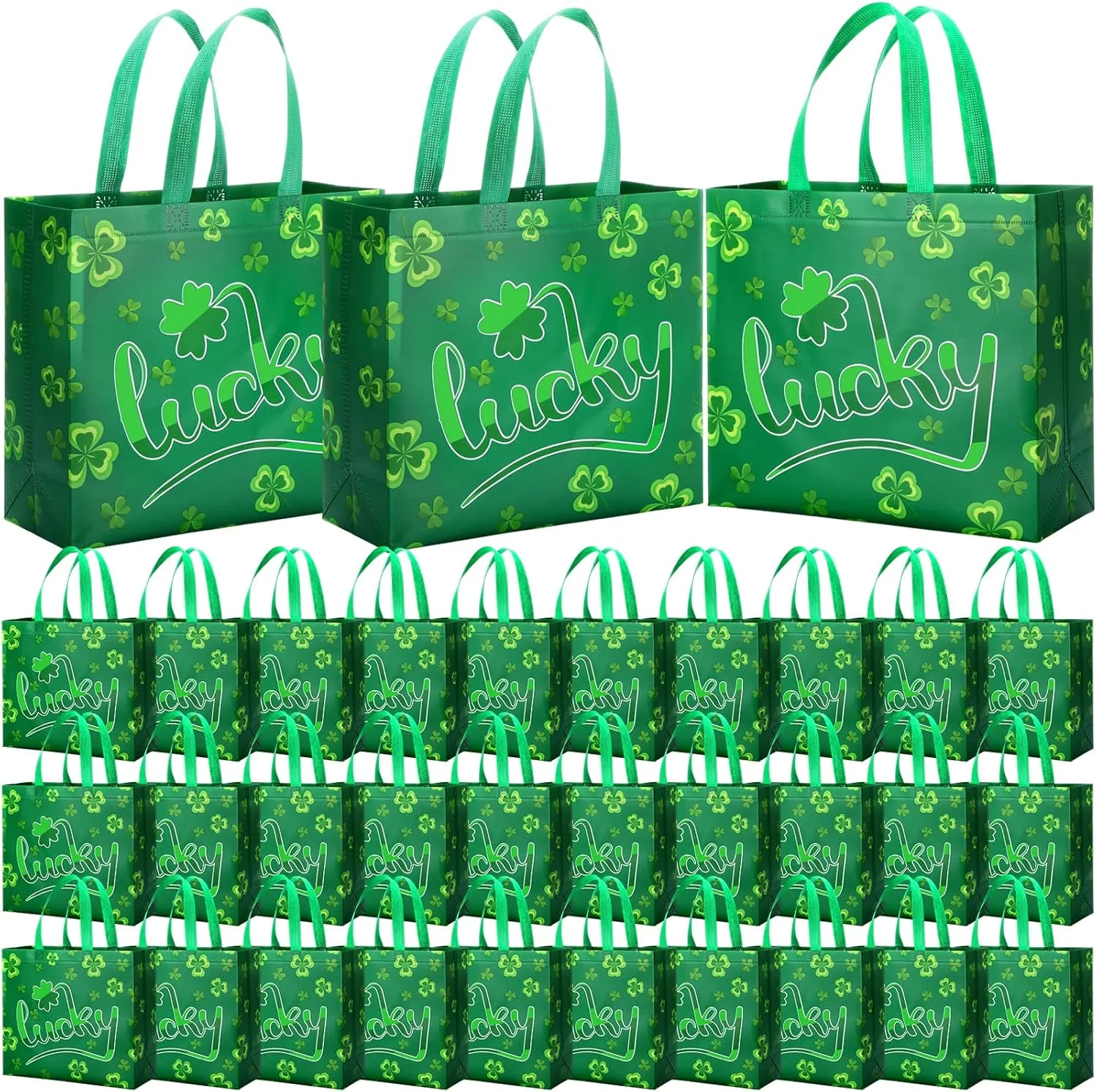 Abbylike 30 Pack St Patrick's Day Reusable Lucky Gift Bag Bulk Large Irish Gift Shamrock Candy Goodie Bag with Handle Green Clover Tote Non Woven Tote for Party Favor, 12.2 x 11.02 x 4.72 Inches