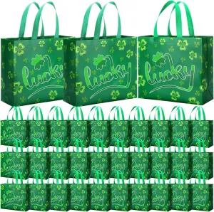 Abbylike 30 Pack St Patrick's Day Reusable Lucky Gift Bag Bulk Large Irish Gift Shamrock Candy Goodie Bag with Handle Green Clover Tote Non Woven Tote for Party Favor, 12.2 x 11.02 x 4.72 Inches