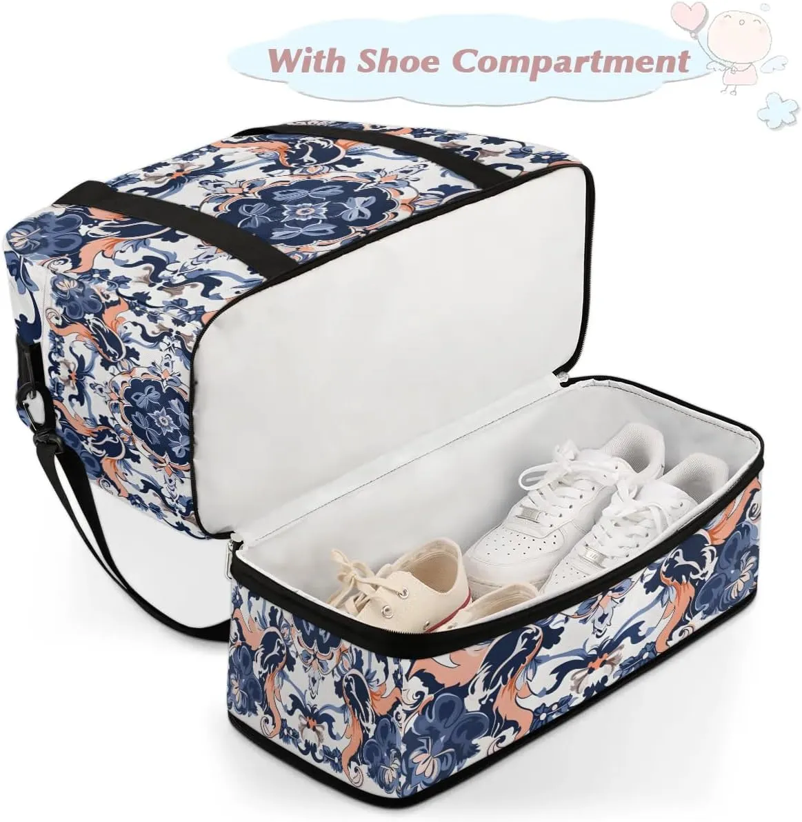 Abstract Patterns Boho Flora Retro Travel Duffle Bag, Collapsible Travel Bag Sports Gym Bag With Shoes Compartment Weekender Bag Overnight Bag For Women Men