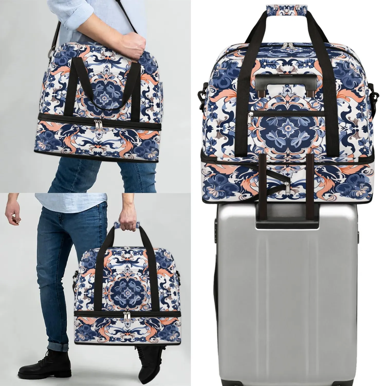 Abstract Patterns Boho Flora Retro Travel Duffle Bag, Collapsible Travel Bag Sports Gym Bag With Shoes Compartment Weekender Bag Overnight Bag For Women Men