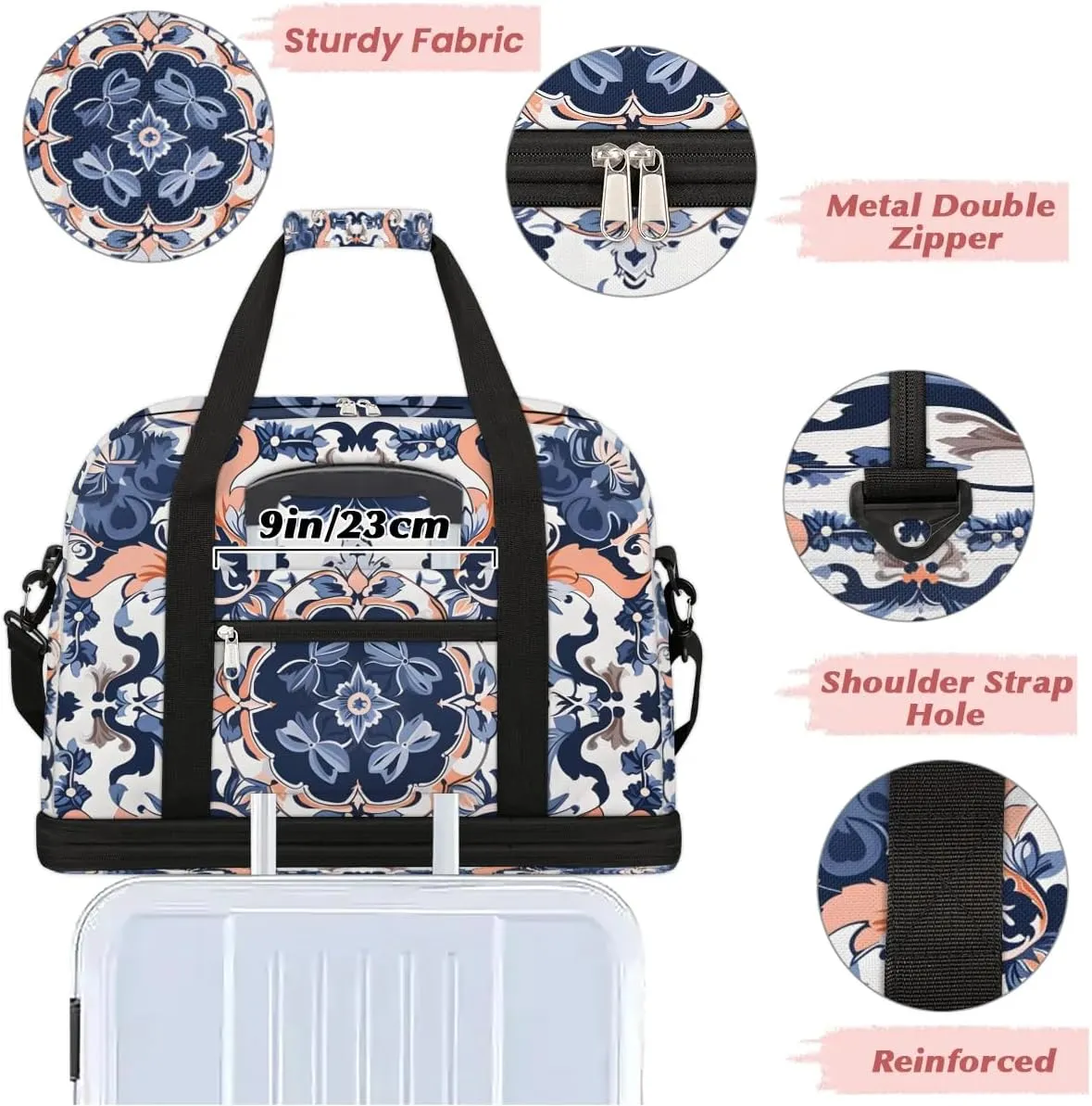Abstract Patterns Boho Flora Retro Travel Duffle Bag, Collapsible Travel Bag Sports Gym Bag With Shoes Compartment Weekender Bag Overnight Bag For Women Men