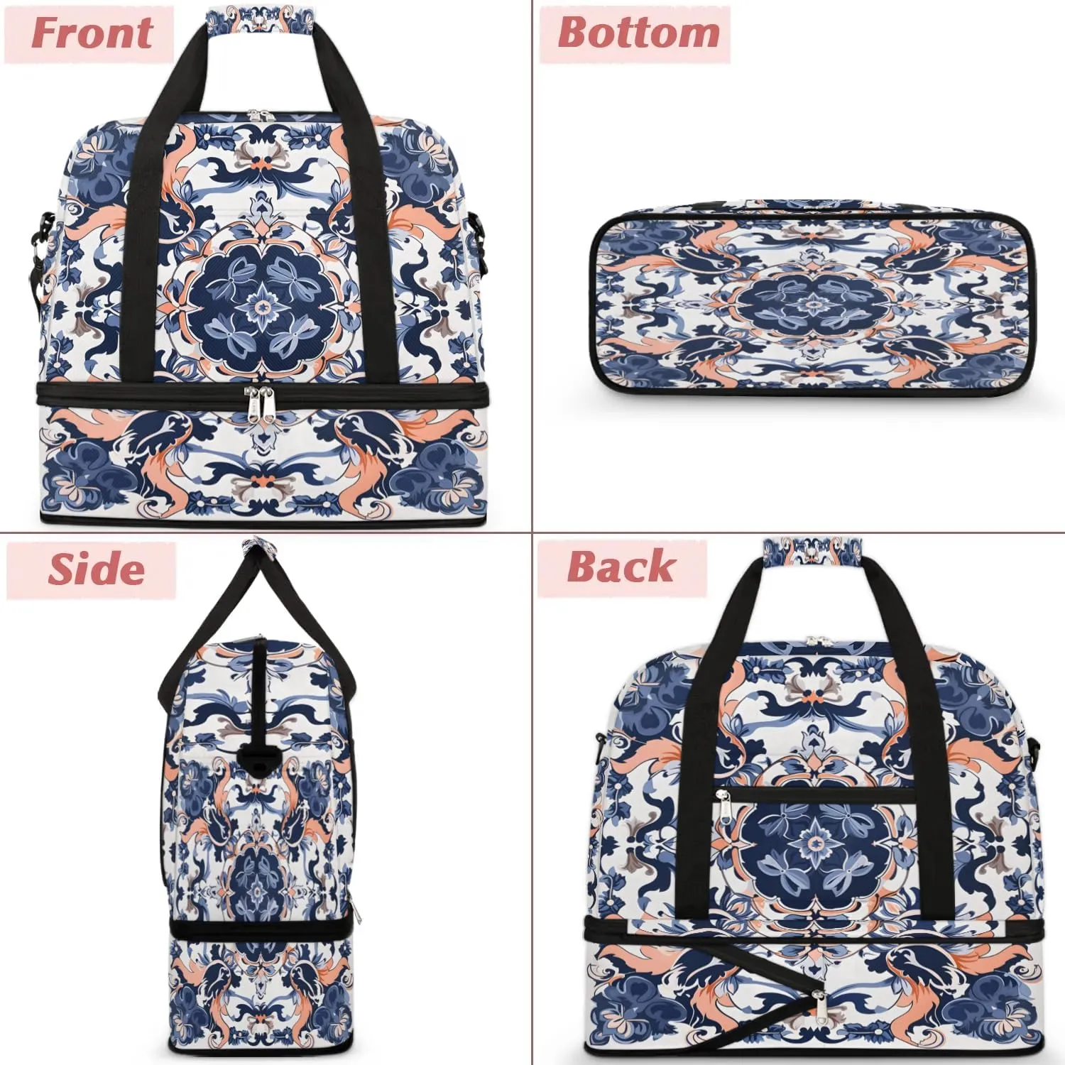 Abstract Patterns Boho Flora Retro Travel Duffle Bag, Collapsible Travel Bag Sports Gym Bag With Shoes Compartment Weekender Bag Overnight Bag For Women Men