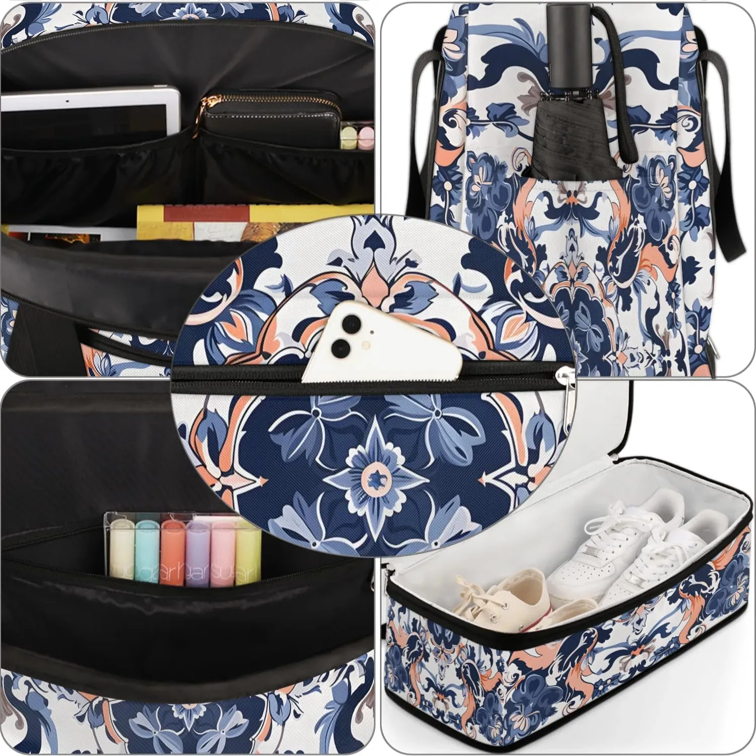 Abstract Patterns Boho Flora Retro Travel Duffle Bag, Collapsible Travel Bag Sports Gym Bag With Shoes Compartment Weekender Bag Overnight Bag For Women Men