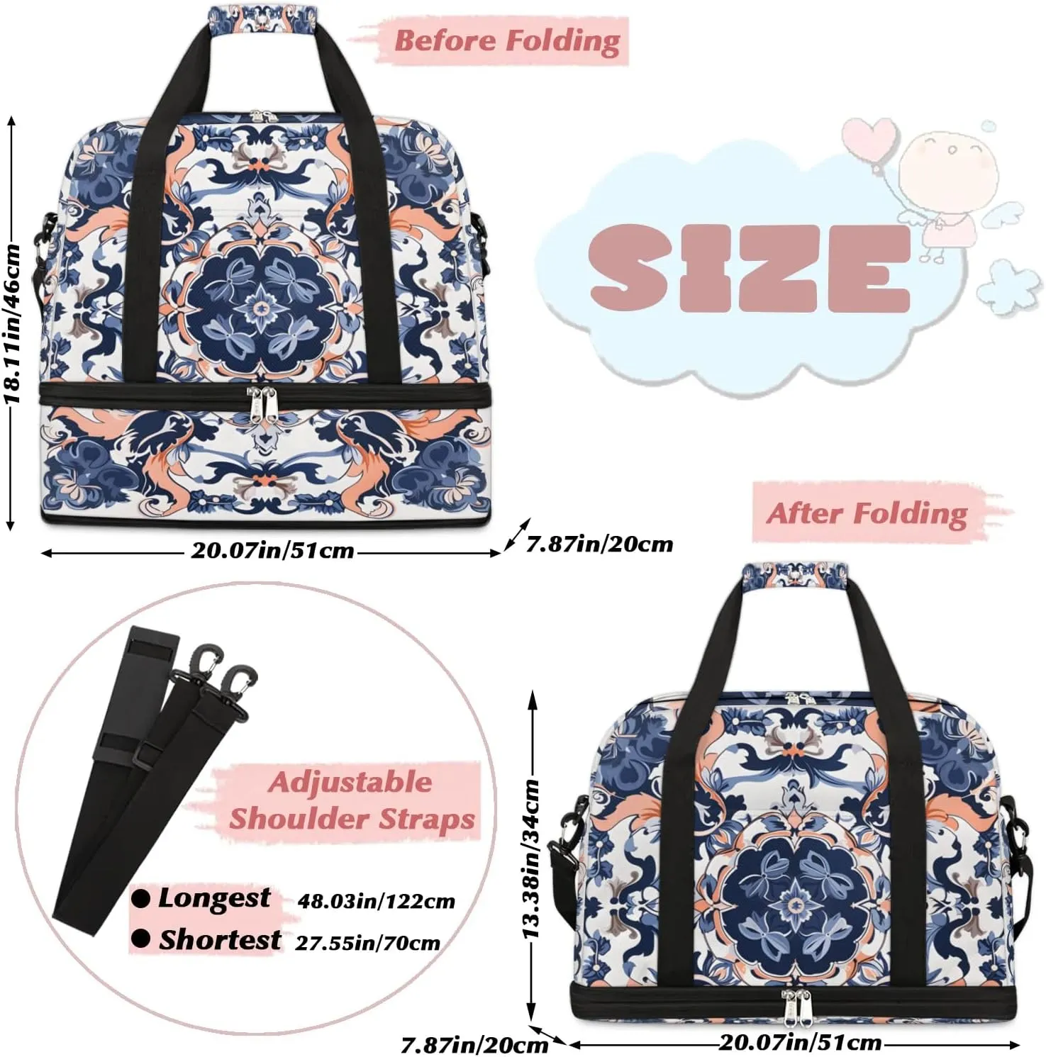 Abstract Patterns Boho Flora Retro Travel Duffle Bag, Collapsible Travel Bag Sports Gym Bag With Shoes Compartment Weekender Bag Overnight Bag For Women Men