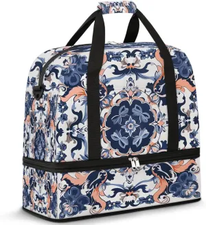Abstract Patterns Boho Flora Retro Travel Duffle Bag, Collapsible Travel Bag Sports Gym Bag With Shoes Compartment Weekender Bag Overnight Bag For Women Men