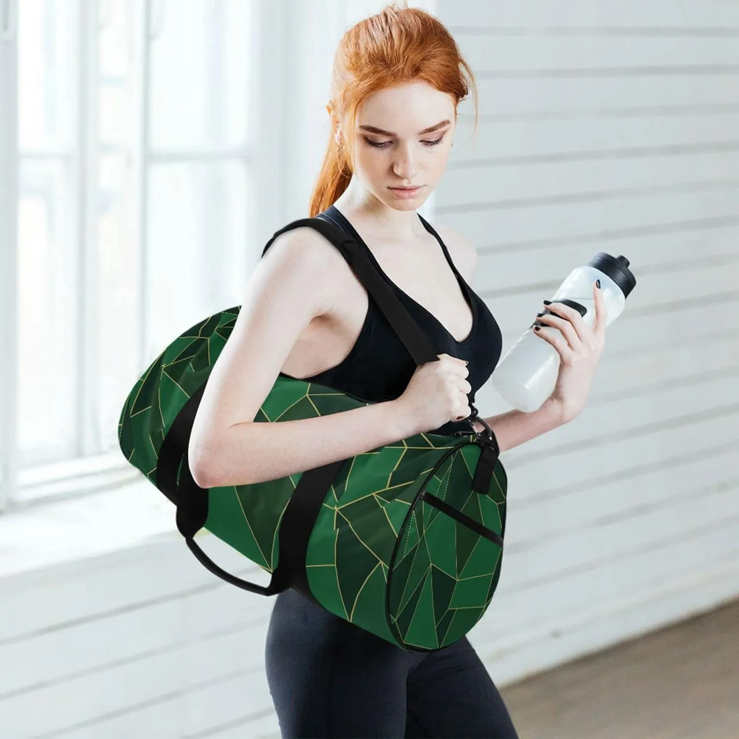 Abstract Seamless Emerald Geometric Green Crystal Polygonal Texture Duffel Bag, Foldable Canvas Travel Tote for Gym Sports with Inner Pockets, Durable Lightweight Fitness Bag for Overnight Workout