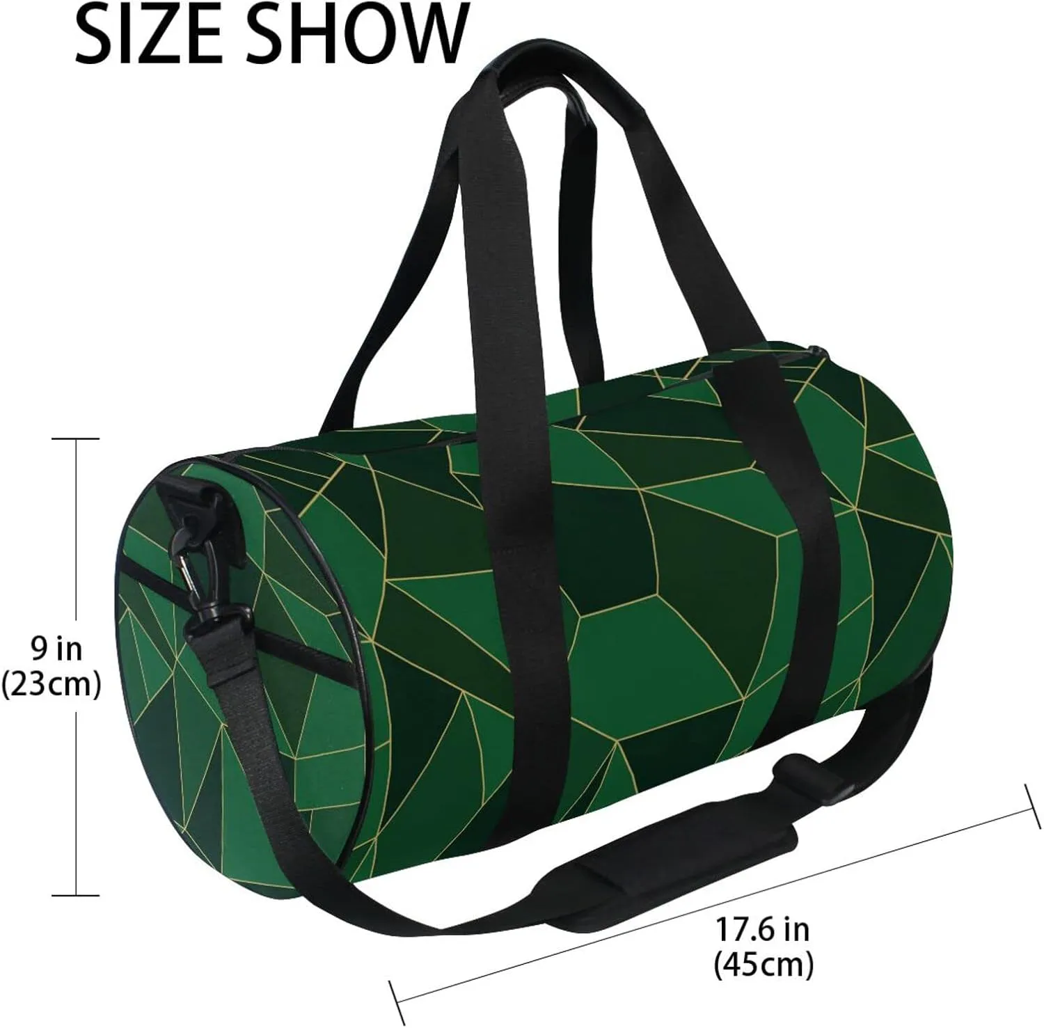 Abstract Seamless Emerald Geometric Green Crystal Polygonal Texture Duffel Bag, Foldable Canvas Travel Tote for Gym Sports with Inner Pockets, Durable Lightweight Fitness Bag for Overnight Workout