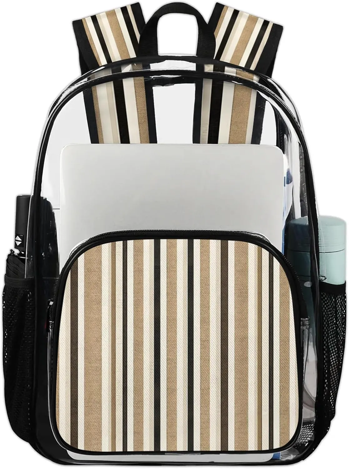 Abstract Stripes Clear Backpack for Women Men, Retro Vertical Striped Background in Different Shades of Earthen Tones Image PVC Transparent Backpack Large Clear Bag for Concert Work