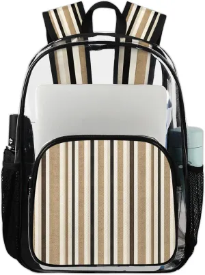 Abstract Stripes Clear Backpack for Women Men, Retro Vertical Striped Background in Different Shades of Earthen Tones Image PVC Transparent Backpack Large Clear Bag for Concert Work