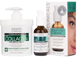 Advanced Clinicals Collagen Cream   Puffy Eye Face Serum 2pc Set | Collagen Body Lotion & Brightening Under Eye Serum | Fragrance Free | Skin Care Products, 2pc Bundle