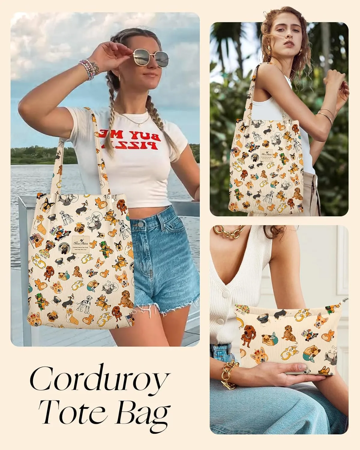Aesthetic 2 Pack Corduroy Tote Bag - with Makeup Pouch Bag for Women Reusable Grocery Bag for Gym, Travel, Work