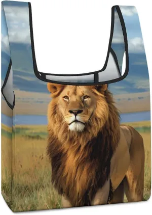 African Lion at Lake in National Park Grocery Shopping Bags Foldable Tote Bags Casual Handbags Purses Work Bag for Women