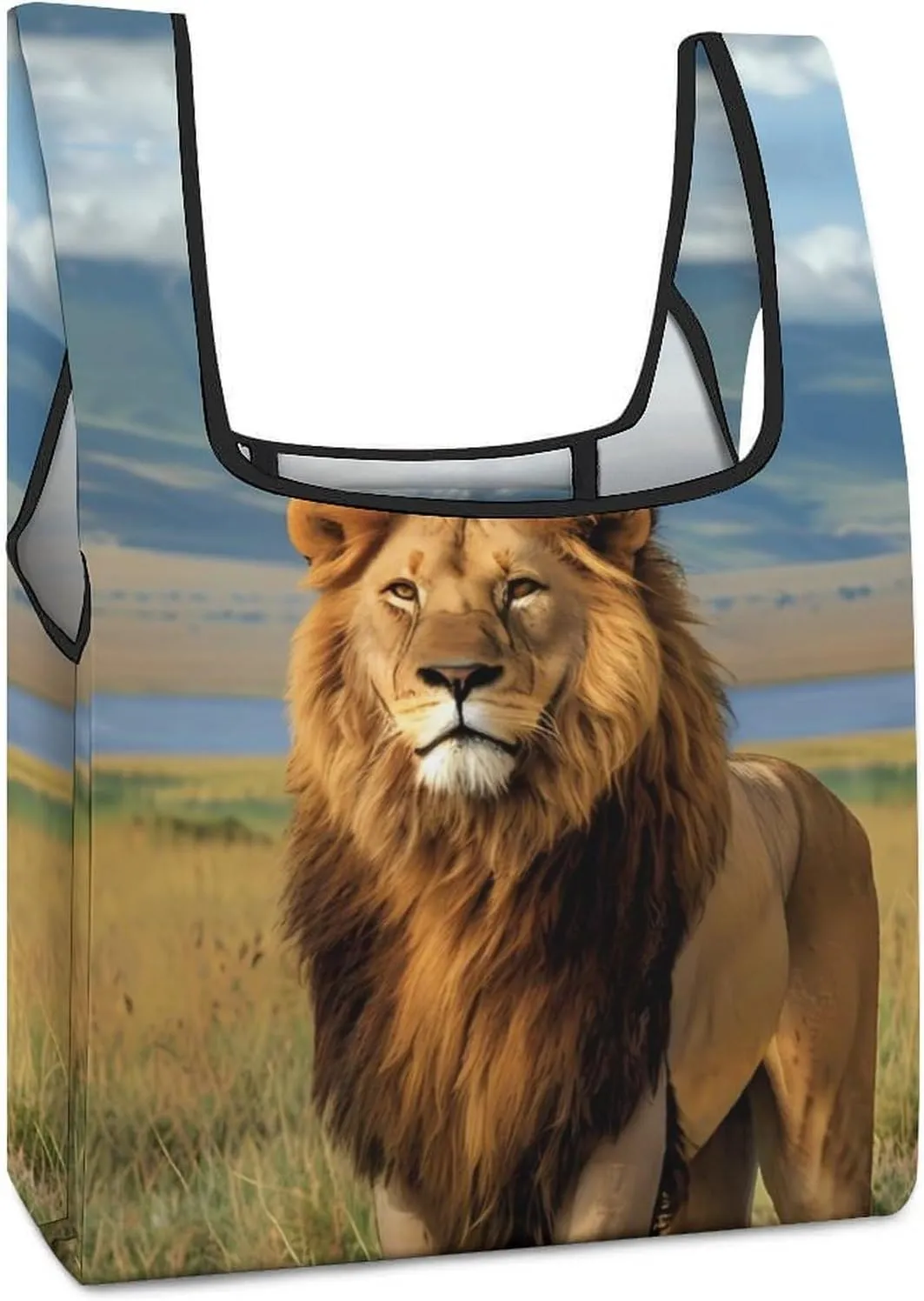 African Lion at Lake in National Park Grocery Shopping Bags Foldable Tote Bags Casual Handbags Purses Work Bag for Women