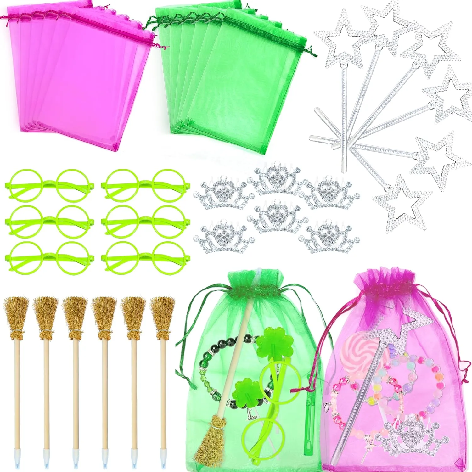 AFZMON 36Pcs Witch Party Favor Goodie Bags，Crown Witch Broom Mini Star Wands Themed Party Favors for Kids Birthday Themed Goodie Bags Fillers
