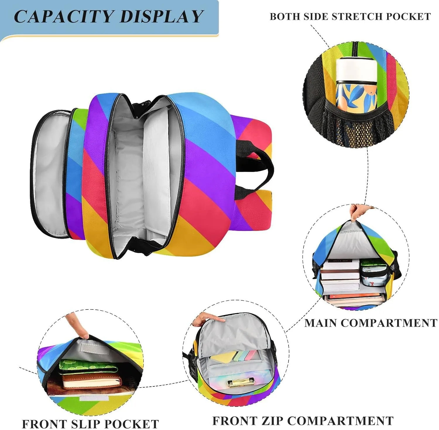 ALAZA Geometric Striped Bright Rainbow Spectrum Colors Lgbtq Colors Casual Backpack Travel Daypack Bookbag