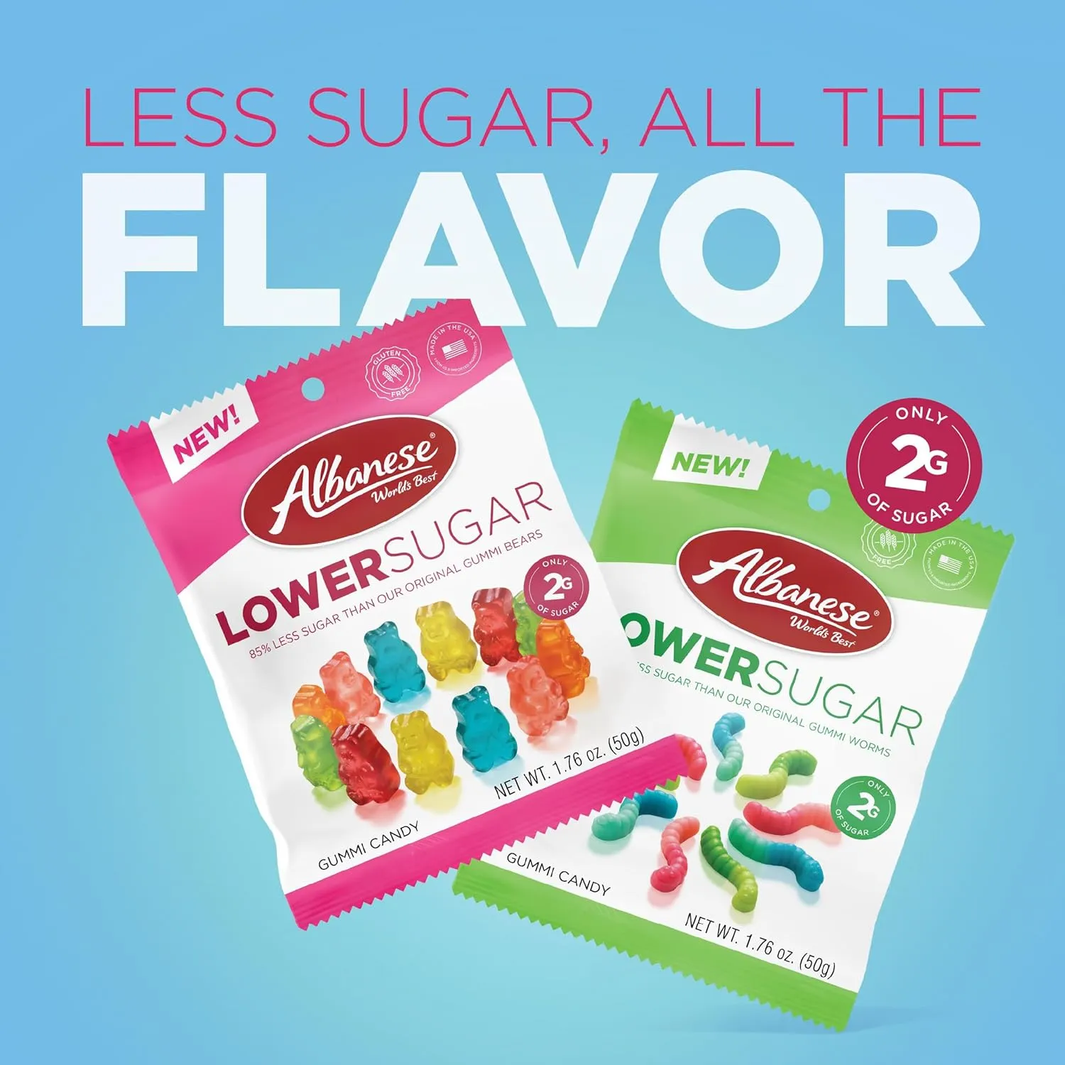 Albanese World's Best Lower Sugar, Gluten Free Gummi Bears, 1.76oz Bag (Pack of 12), Individually Wrapped Soft & Chewy Candy Snacks