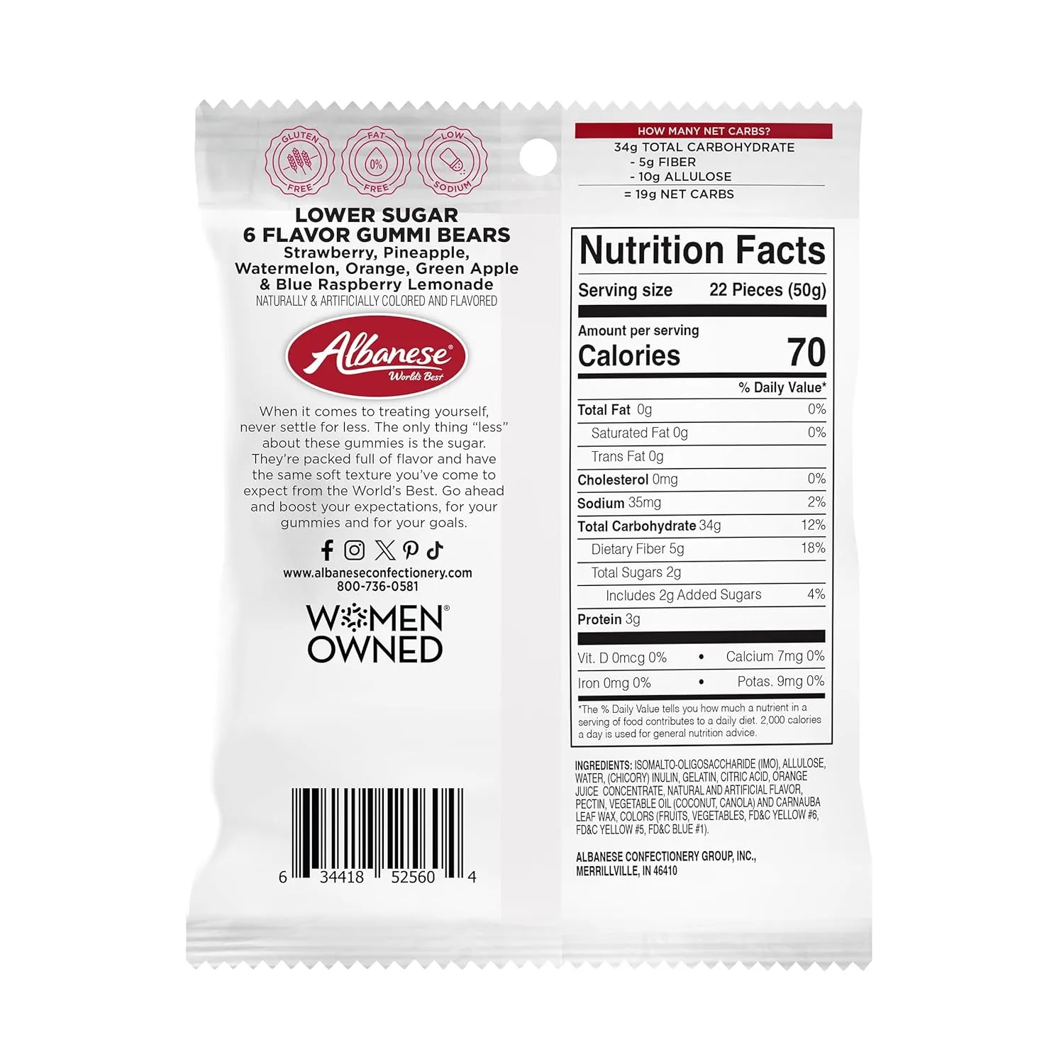 Albanese World's Best Lower Sugar, Gluten Free Gummi Bears, 1.76oz Bag (Pack of 12), Individually Wrapped Soft & Chewy Candy Snacks