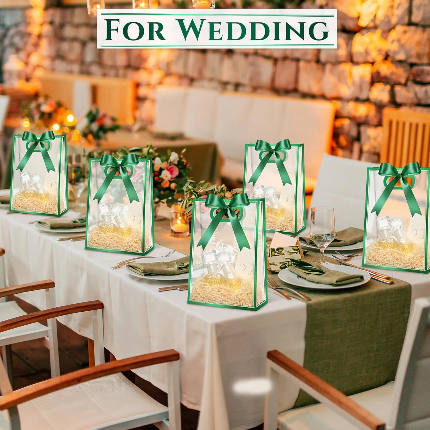 Aliceset 12 Pcs Clear Plastic Gift Bag with Die Cut Handles Graduation Reusable PP Flower Bag with Ribbon for Wedding Bridal Birthday Baby Shower Party Business, 7x10x3.15 Inch(Green)
