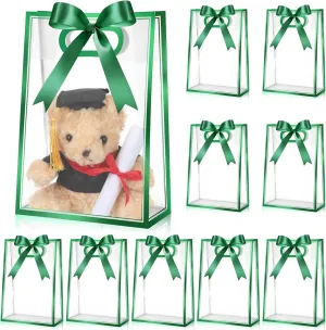 Aliceset 12 Pcs Clear Plastic Gift Bag with Die Cut Handles Graduation Reusable PP Flower Bag with Ribbon for Wedding Bridal Birthday Baby Shower Party Business, 7x10x3.15 Inch(Green)