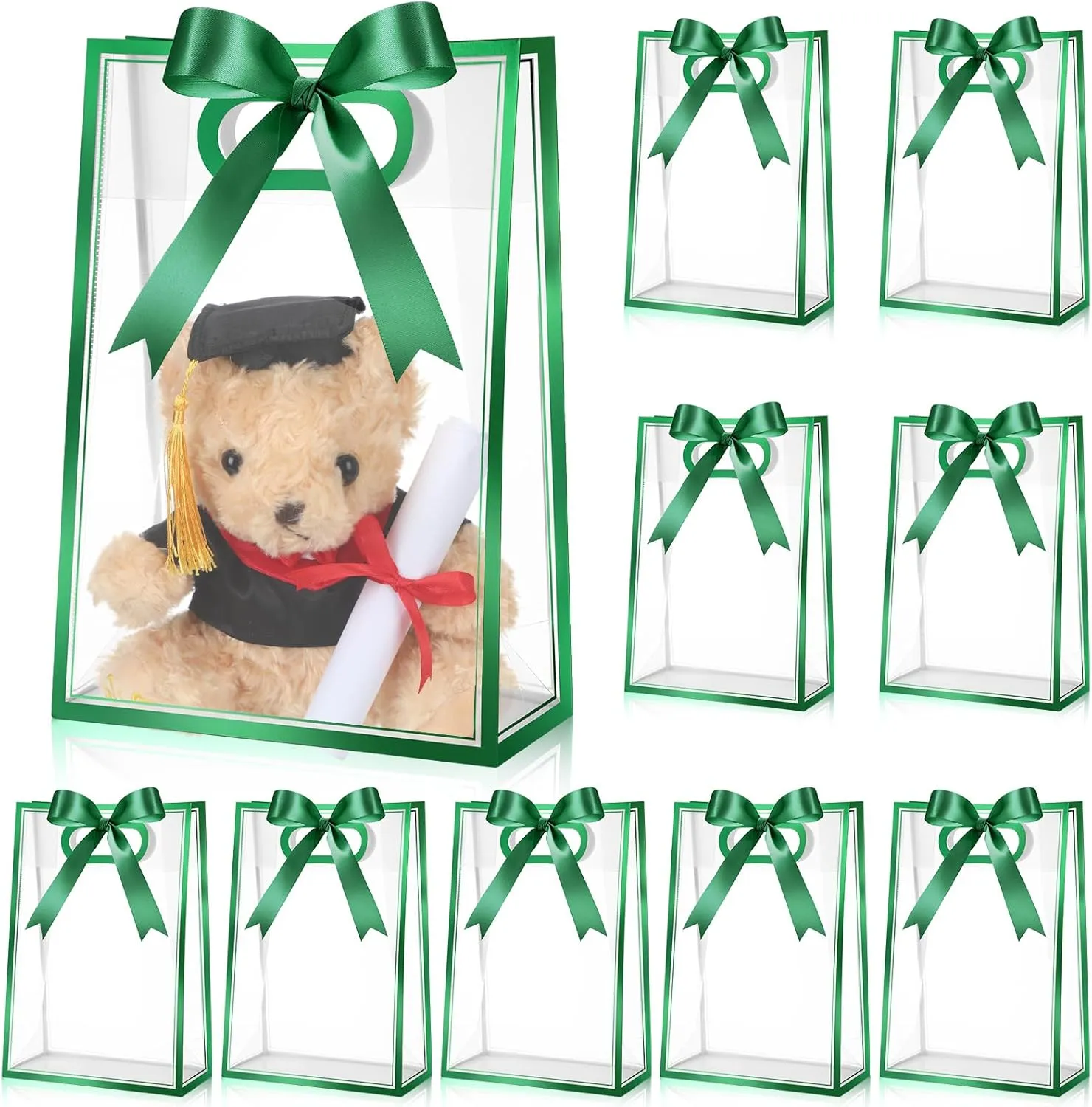Aliceset 12 Pcs Clear Plastic Gift Bag with Die Cut Handles Graduation Reusable PP Flower Bag with Ribbon for Wedding Bridal Birthday Baby Shower Party Business, 7x10x3.15 Inch(Green)