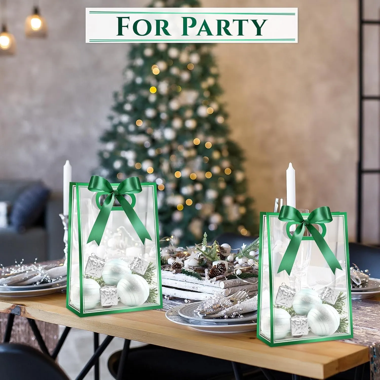Aliceset 12 Pcs Clear Plastic Gift Bag with Die Cut Handles Graduation Reusable PP Flower Bag with Ribbon for Wedding Bridal Birthday Baby Shower Party Business, 7x10x3.15 Inch(Green)