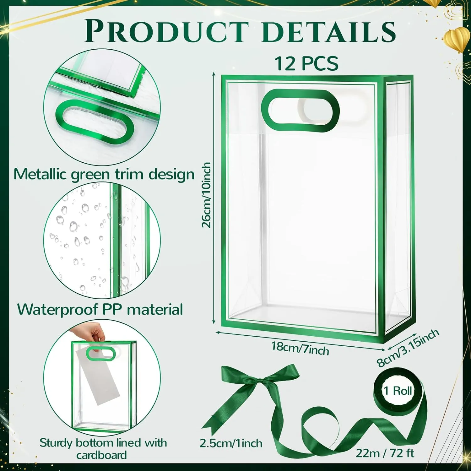 Aliceset 12 Pcs Clear Plastic Gift Bag with Die Cut Handles Graduation Reusable PP Flower Bag with Ribbon for Wedding Bridal Birthday Baby Shower Party Business, 7x10x3.15 Inch(Green)
