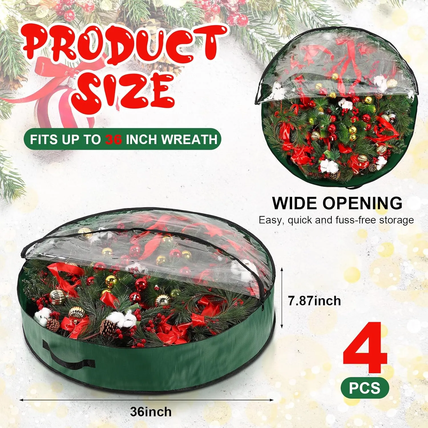 Aliceset 4 Pack Wreath Storage Containers, Storage Bags with Window and Handles, Durable Decoration Box Holder for Holiday(36 x 36 x 7.8 Inch,Green)