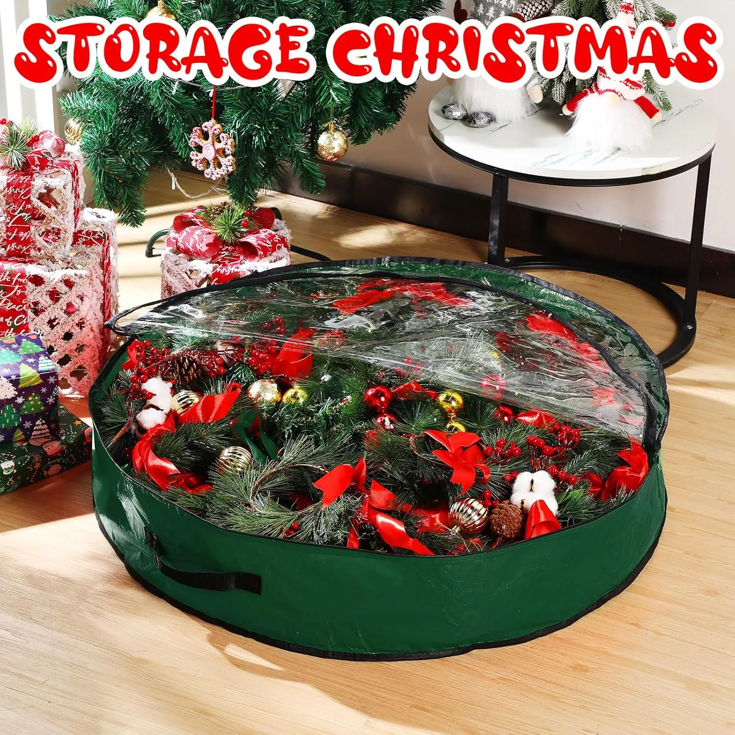 Aliceset 4 Pack Wreath Storage Containers, Storage Bags with Window and Handles, Durable Decoration Box Holder for Holiday(36 x 36 x 7.8 Inch,Green)