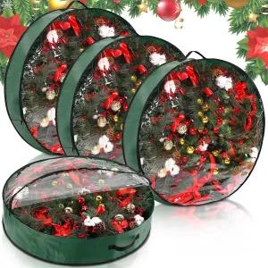 Aliceset 4 Pack Wreath Storage Containers, Storage Bags with Window and Handles, Durable Decoration Box Holder for Holiday(36 x 36 x 7.8 Inch,Green)