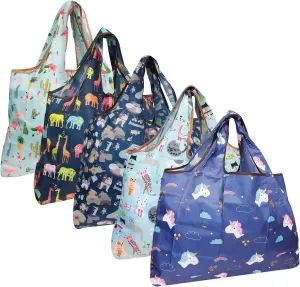 allydrew Large Foldable Tote Nylon Reusable Grocery Bags, 5 Pack