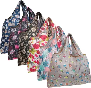 allydrew Large Foldable Tote Nylon Reusable Grocery Bags, 6 Pack