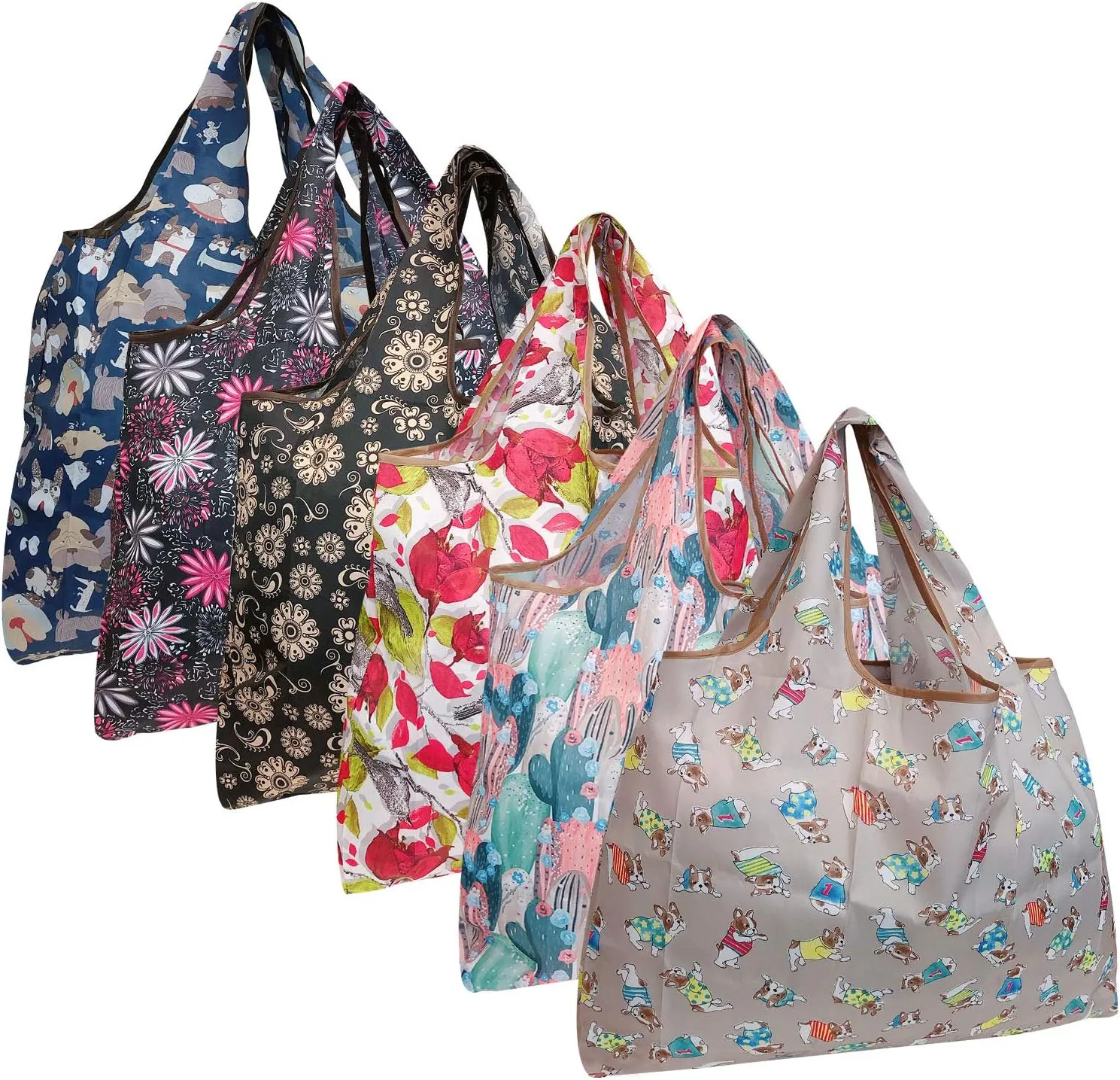 allydrew Large Foldable Tote Nylon Reusable Grocery Bags, 6 Pack